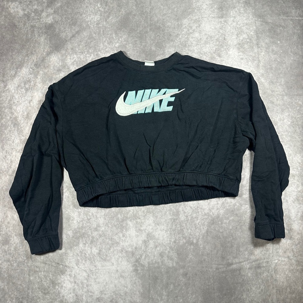 Nike Womens XL Black Cropped Long Sleeve Sweatshirt Teal Embroidered Logo Y2K